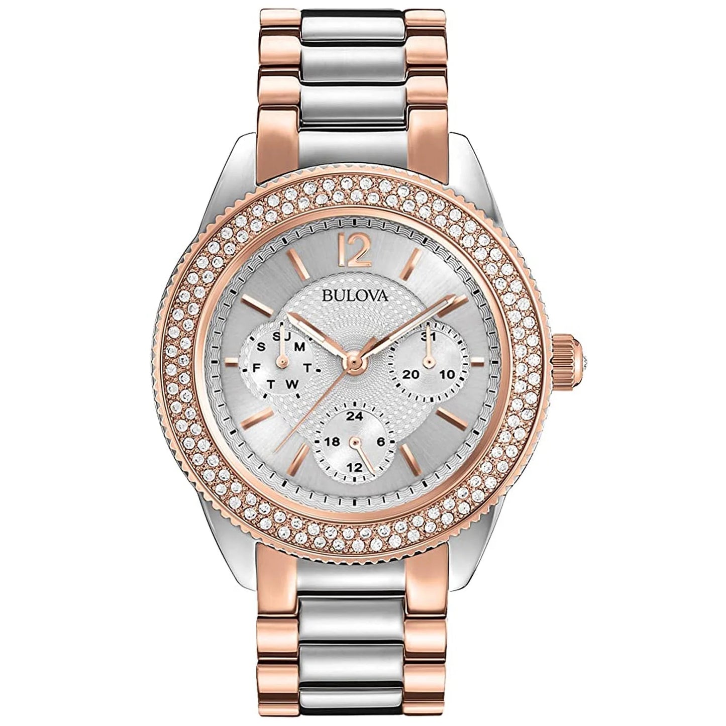 Women'S Crystal Accented Bezel Silver Dial Two Tone Rose Gold Steel 98N100 Watch