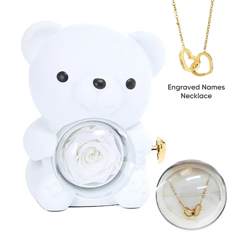 Engraved Heart Necklace with Eternal Rose Teddy Bear Rose Shaped Necklace Jewellery Gift Box Romantic Acrylic Flower Ring Locket