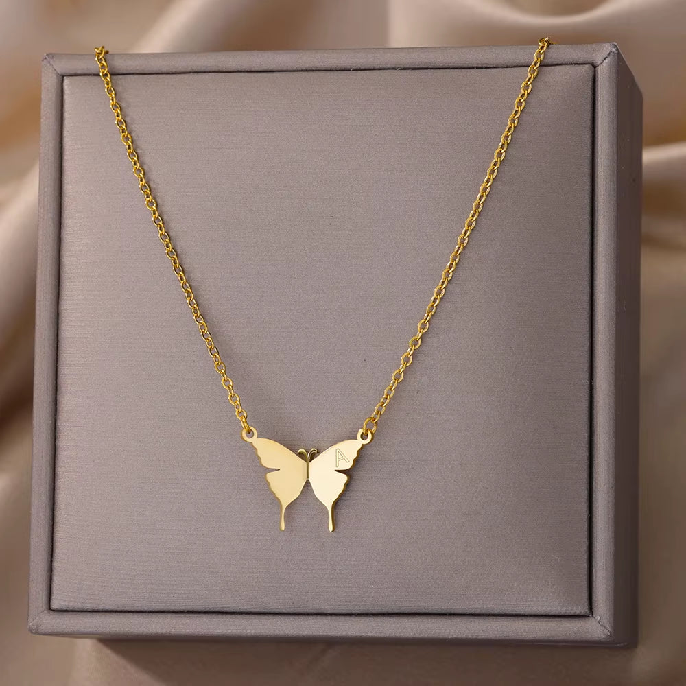 Stainless Steel Butterfly Initial Letter Necklaces for Women Minimalist Gold Color Butterfly Name Necklace Wedding Jewelry BFF