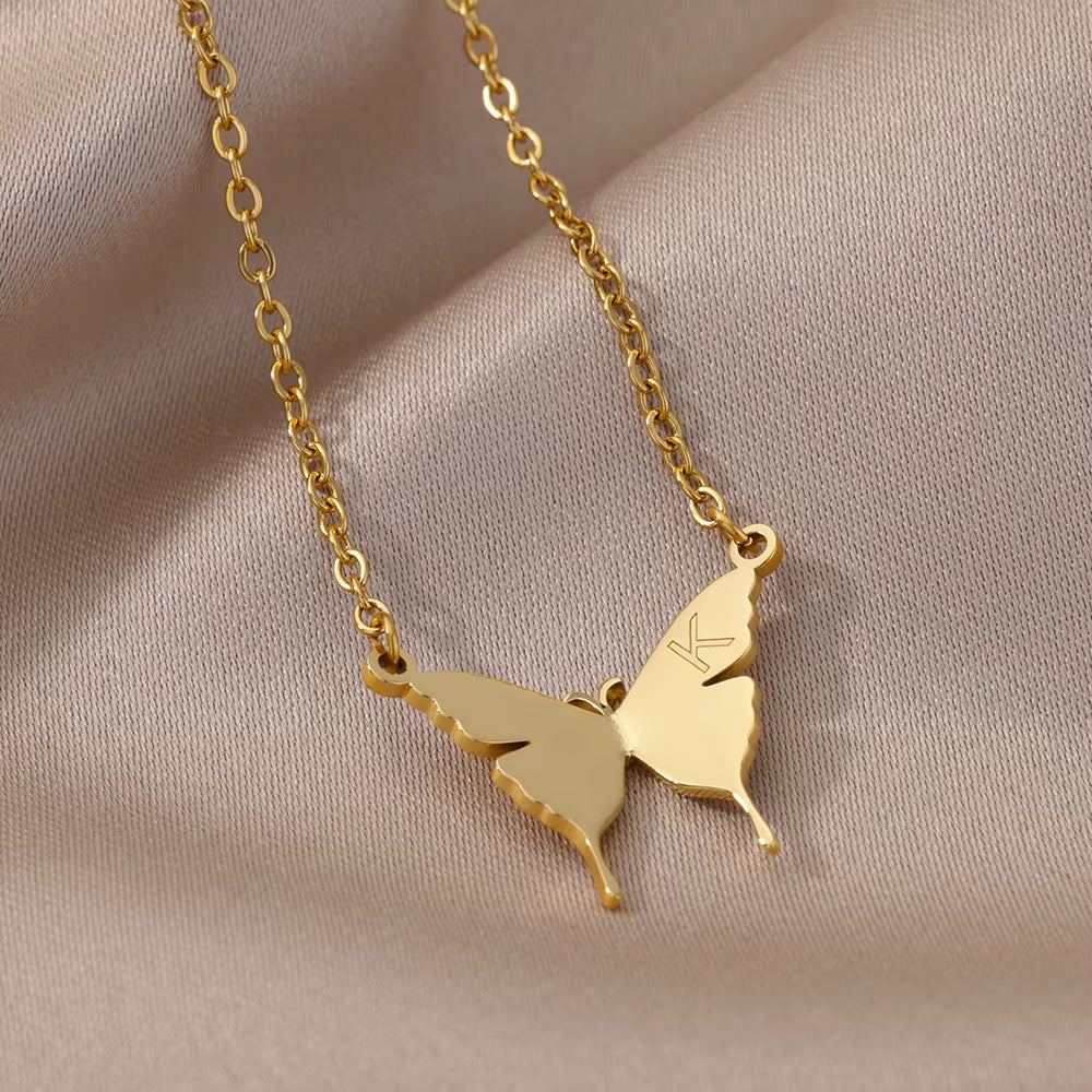 Stainless Steel Butterfly Initial Letter Necklaces for Women Minimalist Gold Color Butterfly Name Necklace Wedding Jewelry BFF