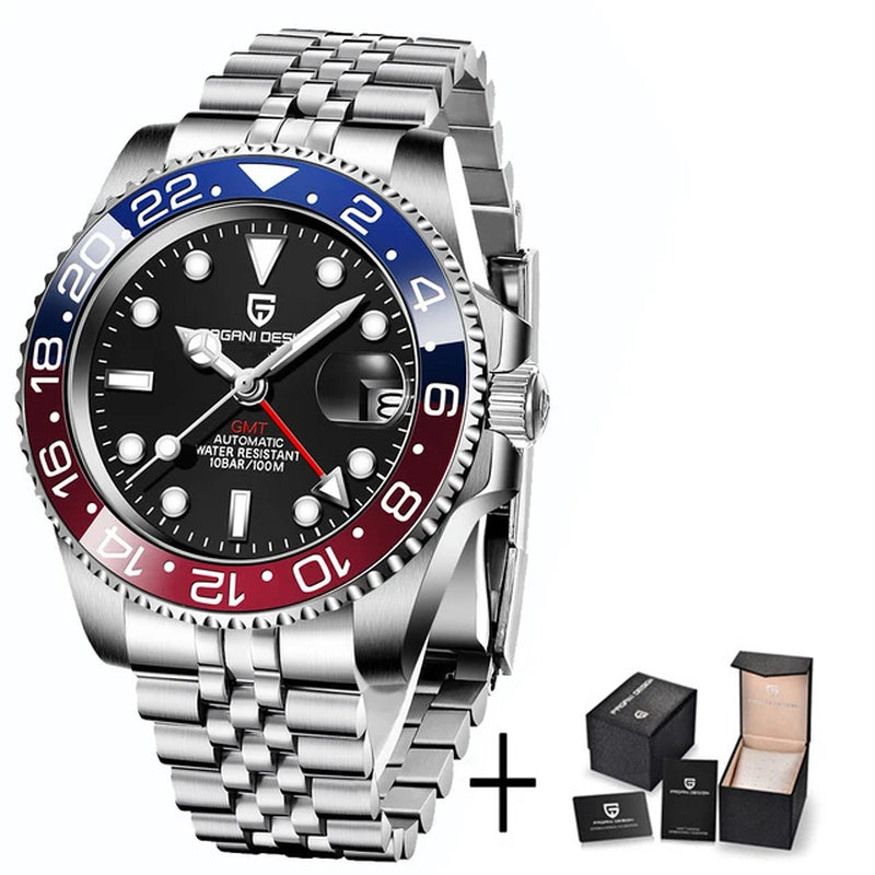 PD-1662 Luxury GMT Men Mechanical Wristwatch Sapphire Glass Stainless Steel 100M Waterproof Automatic Watches