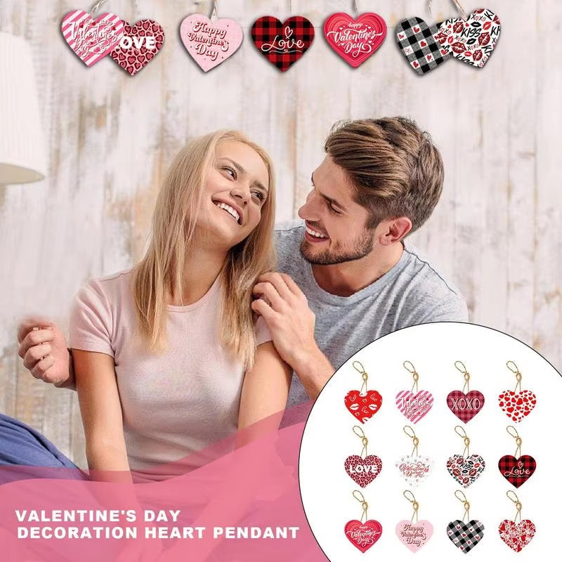 Valentines Heart Hangable Pendant 12X Heart Shaped Signs with Rope Hangable Pendants Decorative Ornaments for Home Wall